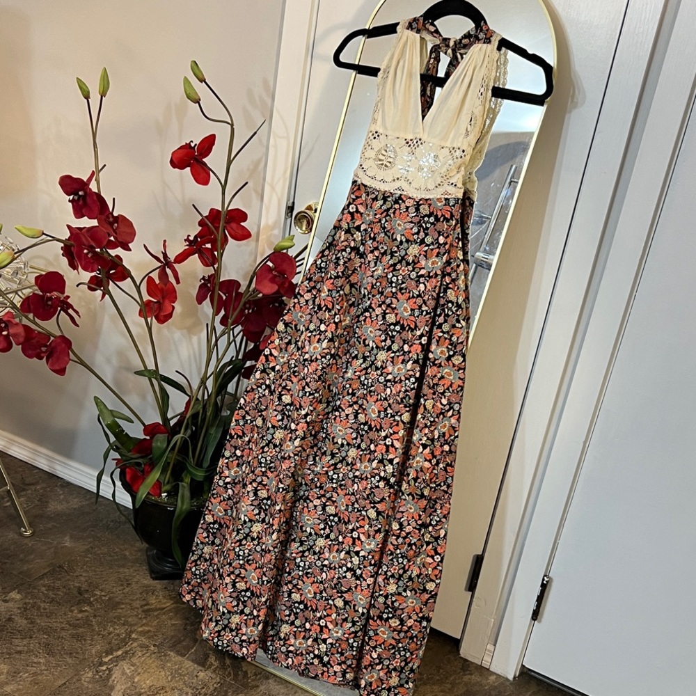 Rare Vintage 70s Corky Craig California Halter Style Prairie Maxi Dress